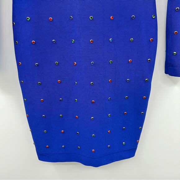 Vintage Tadashi 80s Blue Jeweled Bling Bodycon Sheath Knit Knee Length Dress - Picture 3 of 15